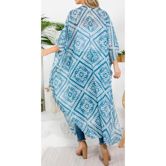 5⭐Long flowy boho diamond blue chiffon open front maxi kimono duster cardigan - Picture 2 of 4